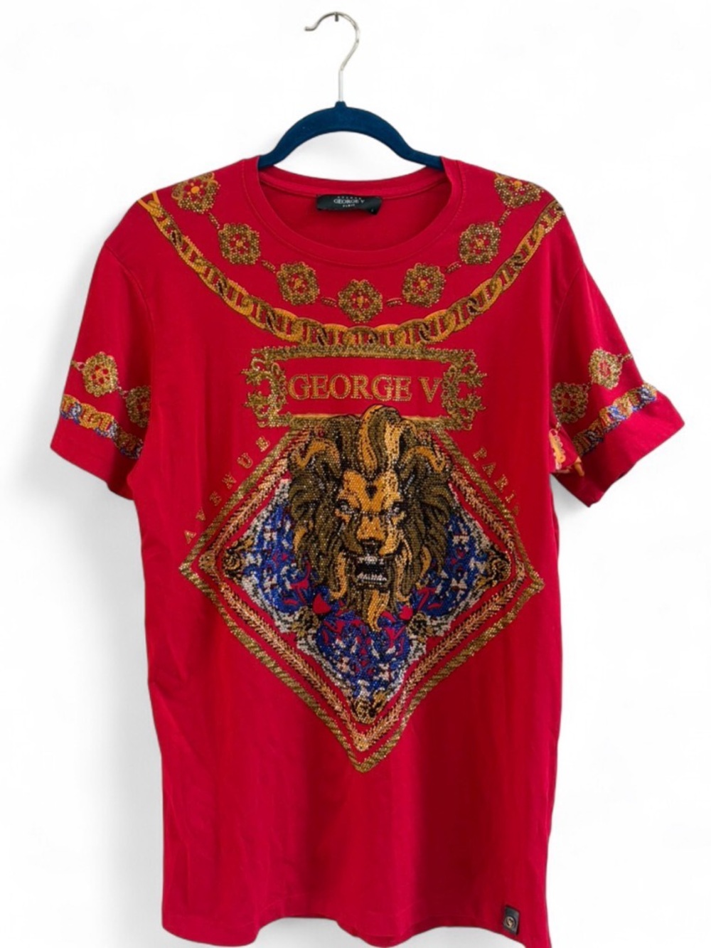 Avenue George V Paris Rhinestone Lion Graphic Short Sleeve T-Shirt Tee Shirt Top